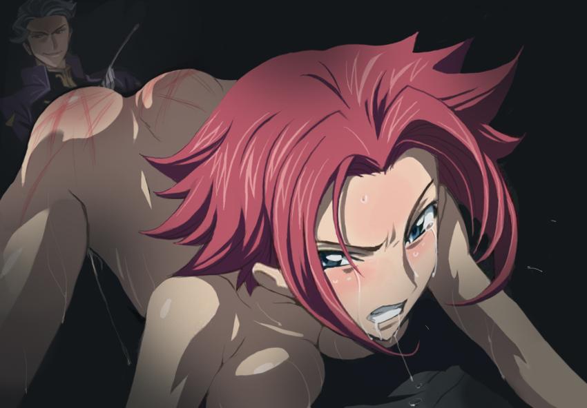 jeremiah gottwald, kouzuki kallen, code geass, third-party edit, 00s, 1girl, bdsm, blue eyes, blush, breasts, large breasts, nude, pussy juice, saliva, short hair, solo focus, spanked, spread legs, sweat, tears, wet