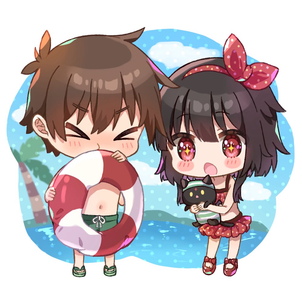 yuno (suke yuno), chomusuke, megumin, satou kazuma, kono subarashii sekai ni shukufuku wo!, commentary, > <, + +, 1boy, 1girl, :o, :t, alternate costume, animal, bikini, black cat, black hair, blunt bangs, blush, blush stickers, bow, brown hair, cat, chibi, chibi only, colored sclera, day, eyes visible through hair, footwear bow, frilled bikini, frills, full body, hair bow, hairband, holding, holding animal, holding cat, holding swim ring, innertube, male swimwear, navel, ocean, open mouth, outdoors, palm tree, polka dot, polka dot bikini, polka dot bow, polka dot hairband, red bikini, red bow, red eyes, red hairband, sandals, short hair, short hair with long locks, standing, swim ring, swim trunks, swimsuit, tree, v-shaped eyebrows, yellow sclera