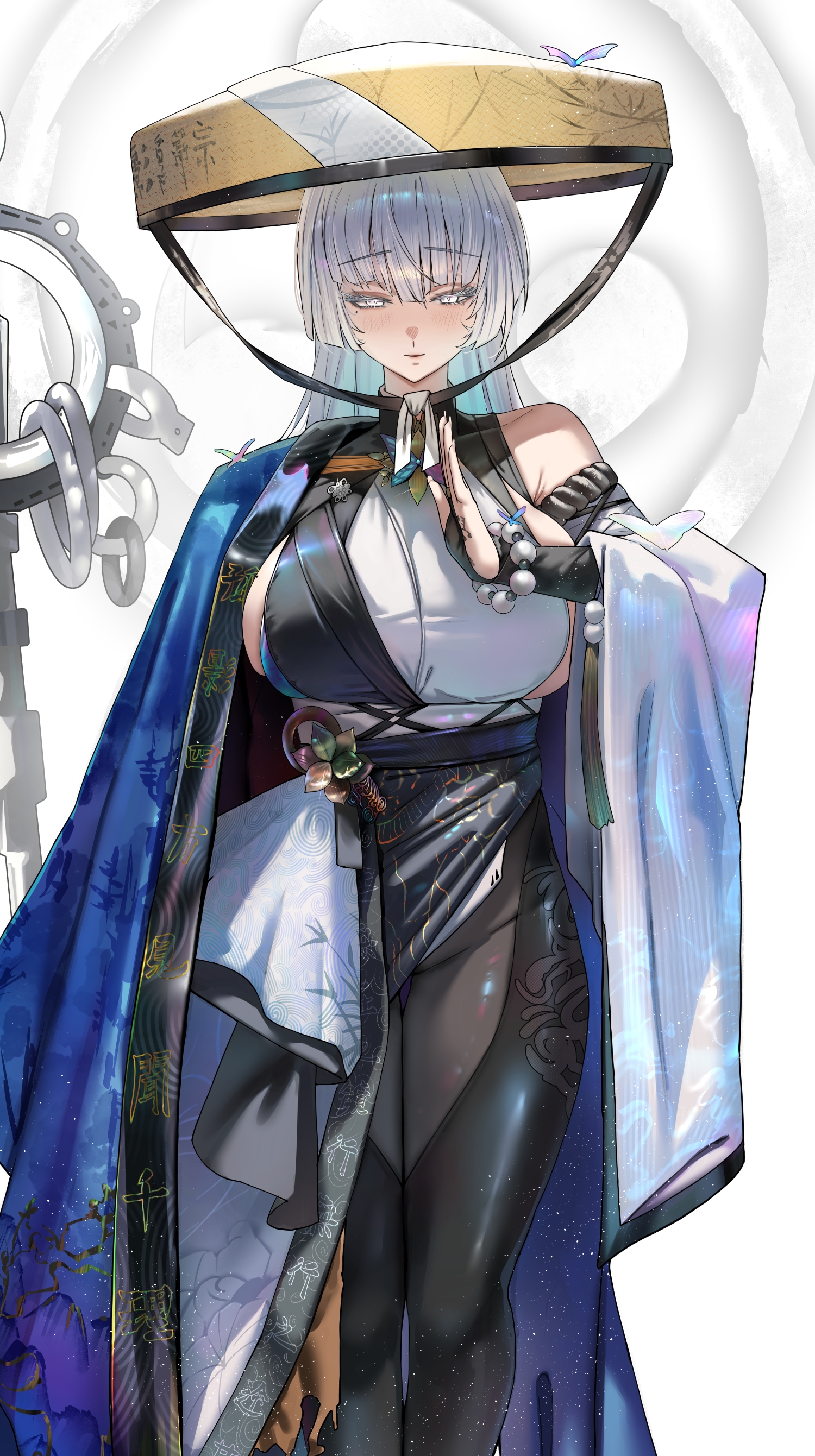 jindogod, nayuta (nikke), goddess of victory: nikke, absurdres, highres, 1girl, asymmetrical clothes, bead bracelet, beads, blue haori, bracelet, breasts, bug, butterfly, haori, hat, insect, japanese clothes, jewelry, jingasa, large breasts, mole, mole on breast, mole under eye, monk, print haori, purple butterfly, shakujou, sideboob, solo, split-color clothes, staff, thick eyelashes, unusually open eyes, white background