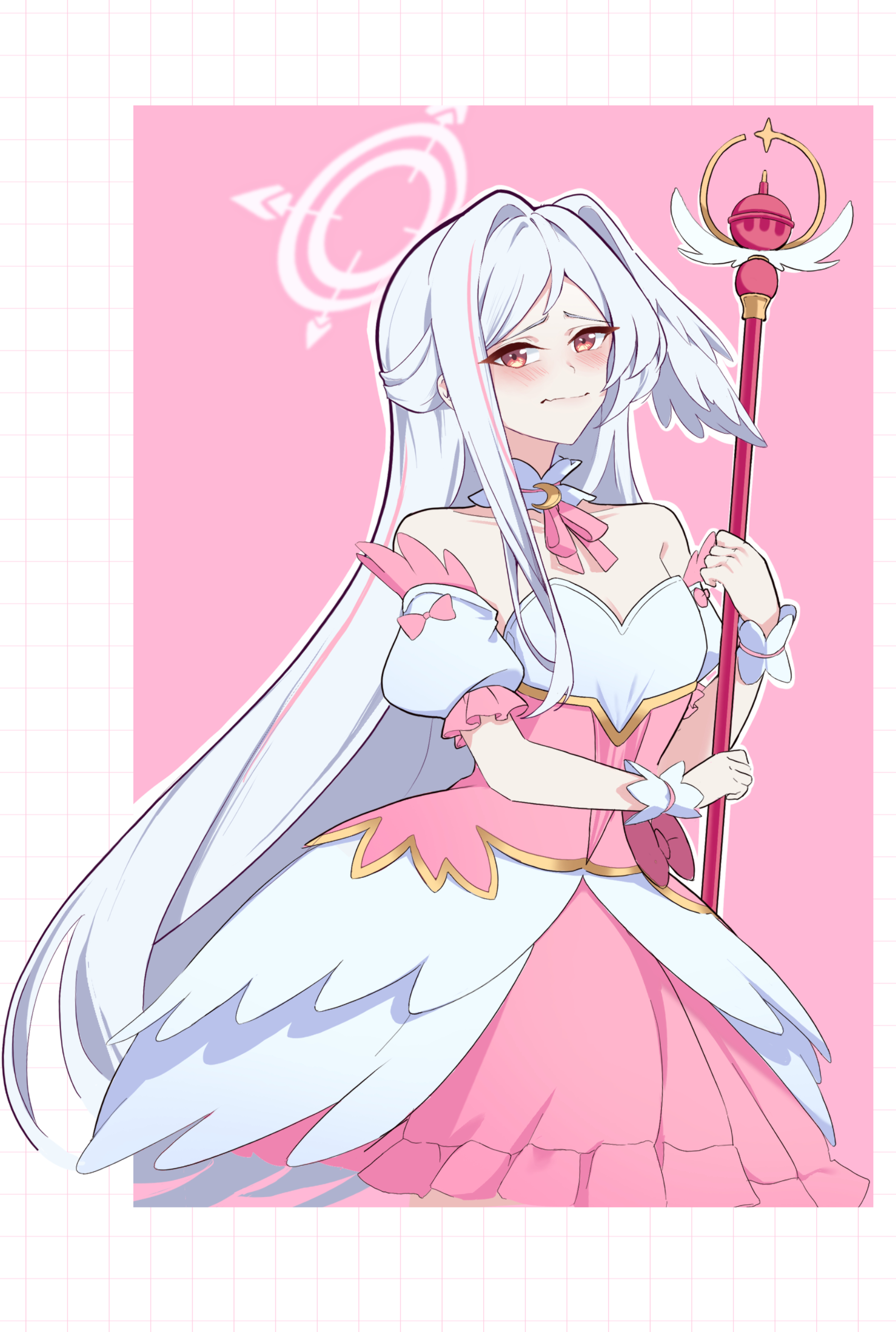 shibazakie, suzumi (blue archive), suzumi (magical) (blue archive), blue archive, absurdres, commentary, highres, 1girl, bare shoulders, blush, bustier, crescent, crescent pin, detached collar, detached sleeves, dress, embarrassed, fake wings, feet out of frame, halo, head wings, holding, holding wand, long hair, looking at viewer, magical girl, multicolored hair, pink background, pink dress, pink hair, pink skirt, red eyes, single hair intake, single head wing, skirt, solo, streaked hair, underbust, very long hair, wand, white hair, white halo, wings, wrist cuffs
