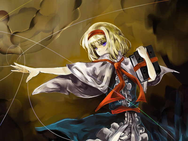 tomasu, tsurukame, alice margatroid, touhou, 1girl, blonde hair, book, cast, female focus, purple eyes, ribbon, solo, string