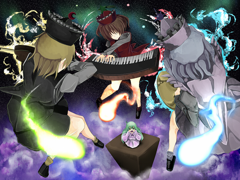 tokoroten (hmmuk), layla prismriver, lunasa prismriver, lyrica prismriver, merlin prismriver, touhou, bad id, bad pixiv id, 4girls, female focus, green hair, hat, instrument, keyboard (instrument), multiple girls, siblings, sisters, violin