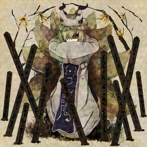 shinta (artist), tokoroten (hmmuk), yakumo ran, touhou, bad id, bad pixiv id, 1girl, animal ears, animal hat, blonde hair, female focus, fox ears, fox tail, hair over one eye, hands in opposite sleeves, hat, leaf, long sleeves, looking at viewer, mob cap, multiple tails, short hair, solo, standing, staring, tail, tassel, wide sleeves