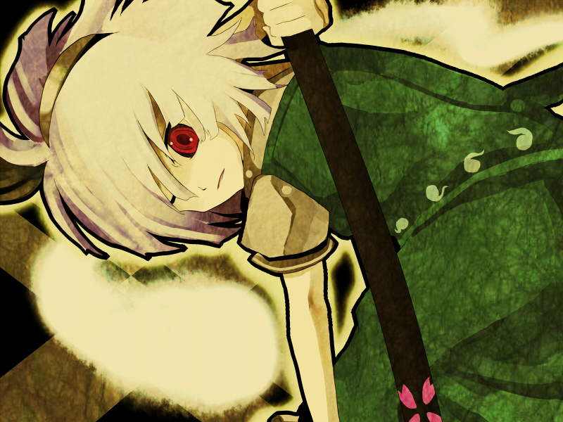 shinta (artist), tokoroten (hmmuk), konpaku youmu, konpaku youmu (ghost), touhou, silver hair, bad id, bad pixiv id, 1girl, female focus, hitodama, katana, red eyes, sheath, sheathed, solo, sword, weapon