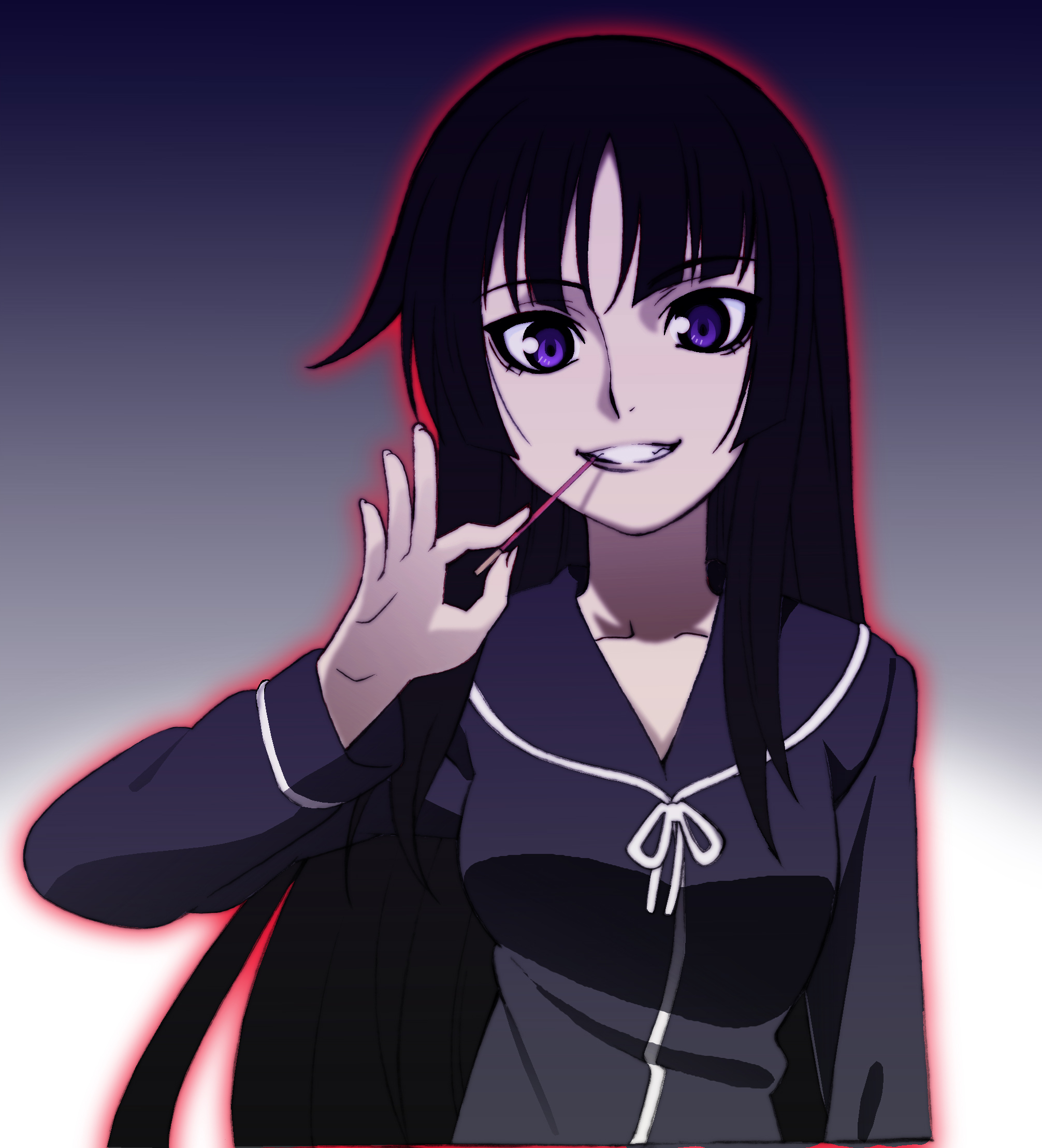 pocho, isayama yomi, ga-rei, ga-rei zero, highres, 00s, 1girl, black hair, eating, female focus, food, gradient background, grin, long hair, looking at viewer, pocky, purple eyes, school uniform, serafuku, smile, solo, upper body
