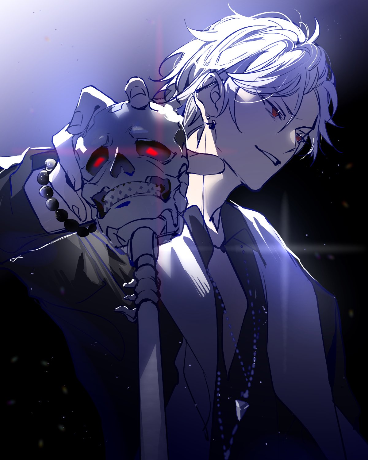 shuiyiyaogong, aohitsugi samatoki, hypnosis mic, highres, 1boy, bead bracelet, beads, black shirt, bone, bracelet, cane, collared shirt, earrings, glint, glowing, glowing eyes, holding, holding cane, jewelry, long sleeves, looking at viewer, looking to the side, male focus, necklace, necktie, parted lips, red eyes, scarf, shirt, short hair, skeleton, skull, smile, solo, teeth, upper body, white hair, white necktie, white scarf