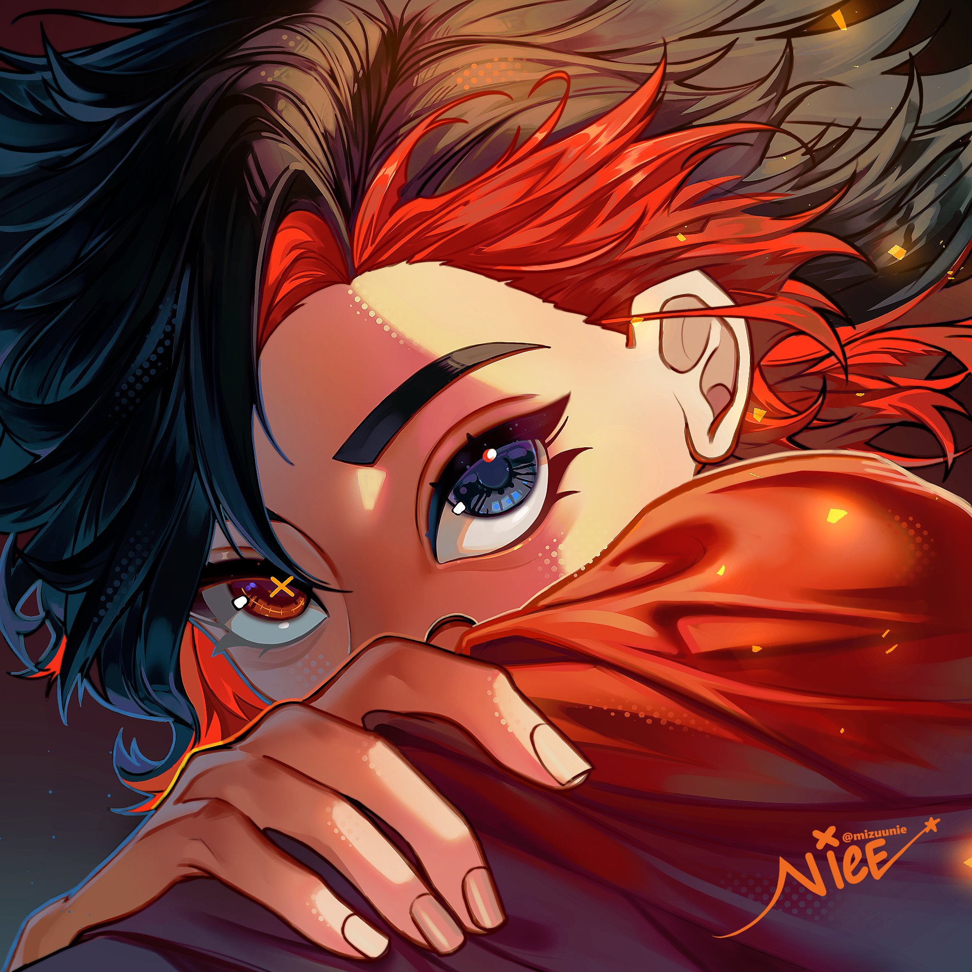 mizuunie, original, gender request, highres, 1other, asymmetrical bangs, black background, black hair, blue eyes, blue outline, brown eyes, colored inner hair, covered mouth, curtained hair, embers, eyelashes, flipped bangs, flipped hair, gradient background, hand on own arm, heterochromia, instagram username, jacket, logo, long sleeves, looking to the side, mismatched pupils, multicolored hair, other focus, outline, parted hair, portrait, red hair, red jacket, ringing artifacts, short hair, side part, sidelighting, sideways glance, solo, symbol-shaped pupils, twitch username, twitter username, vgen username, x-shaped pupils