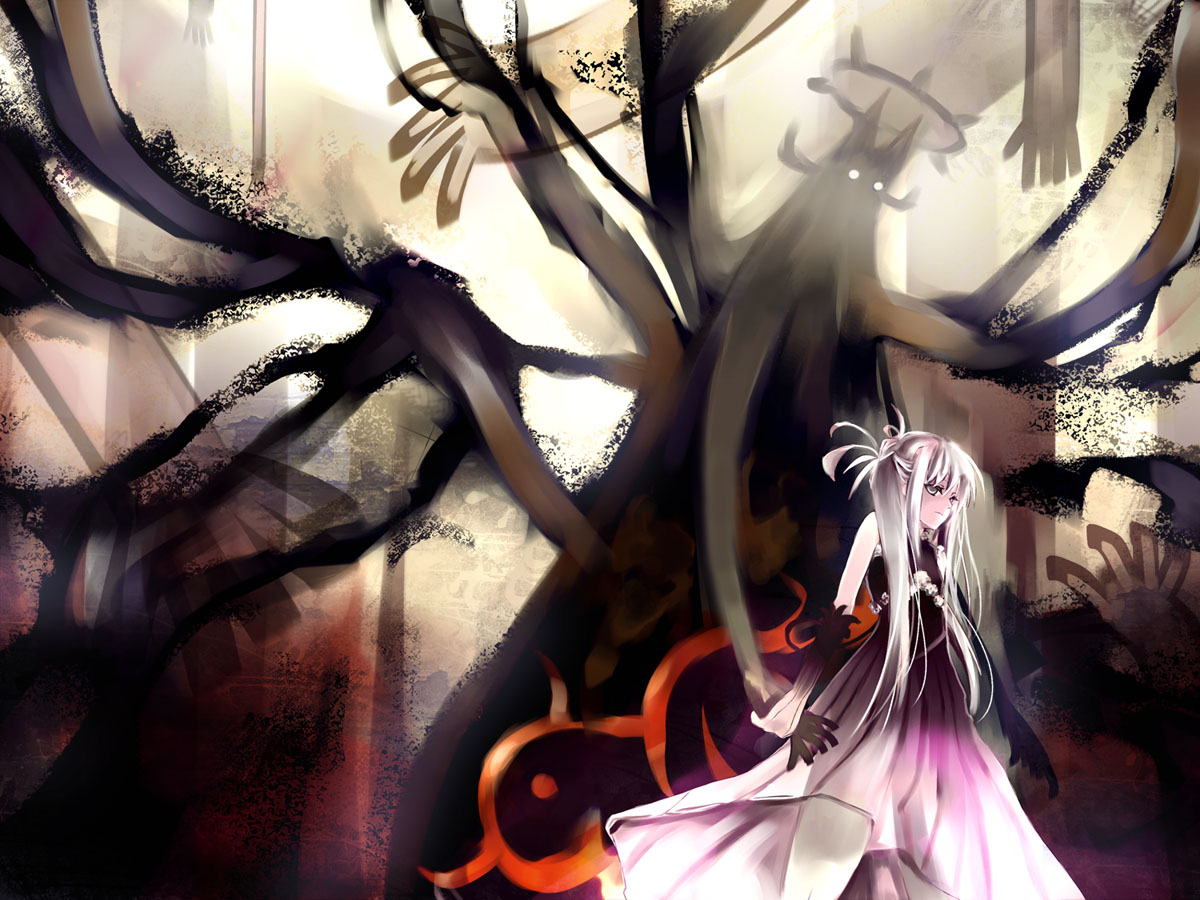 tomasu, tsurukame, 1girl, detached sleeves, female focus, grey eyes, robe, shadow, solo, white hair