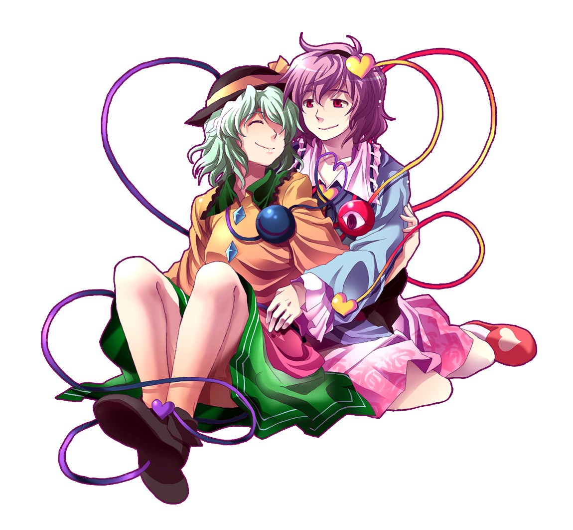 re ghotion, komeiji koishi, komeiji satori, touhou, bad id, bad pixiv id, 2girls, female focus, hairband, hat, heart, multiple girls, short hair, siblings, sisters