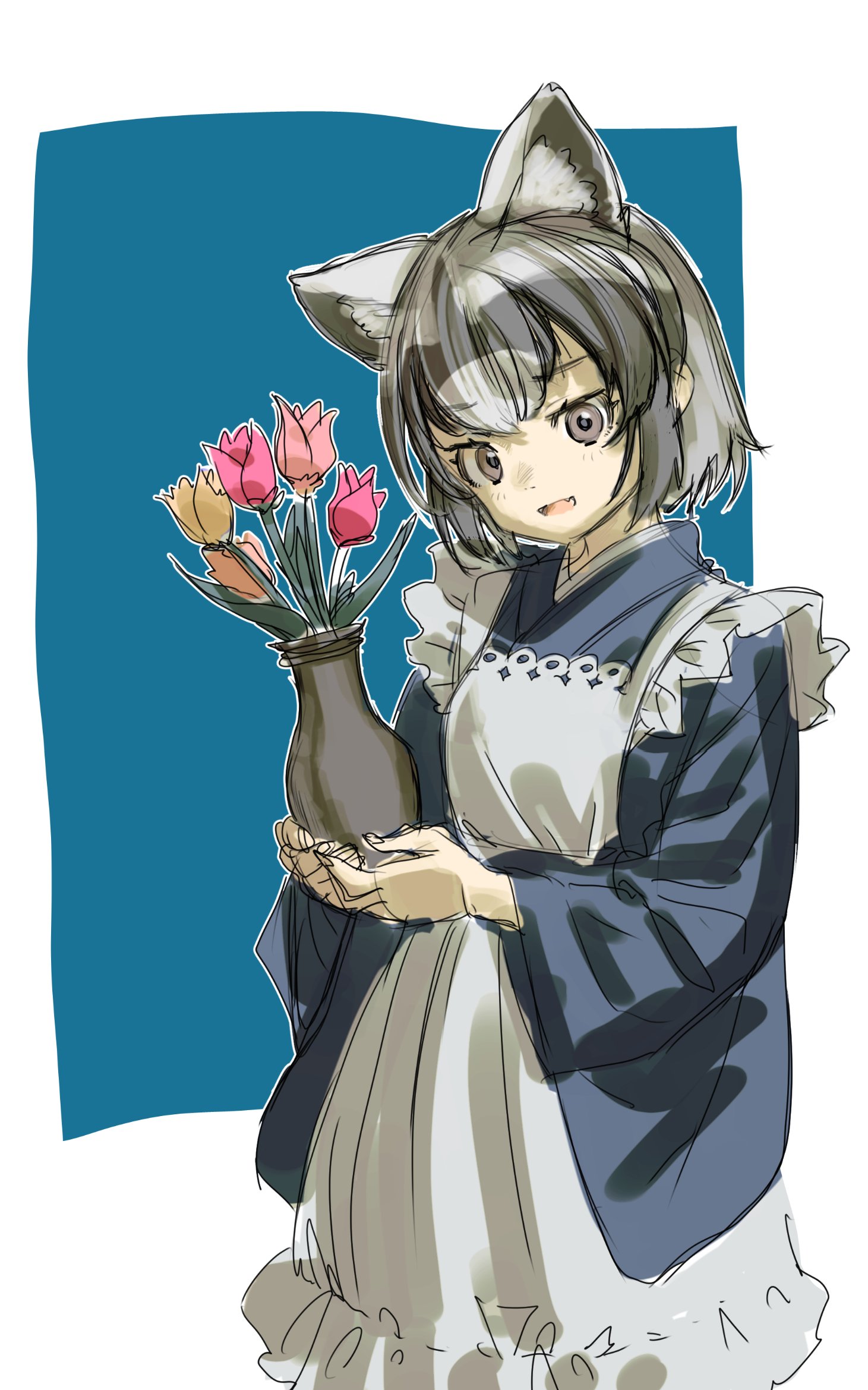 arairestaurant, common raccoon (kemono friends), kemono friends, highres, 1girl, alternate costume, animal ears, apron, black hair, blue kimono, blush, cowboy shot, extra ears, flower, frilled apron, frills, grey eyes, grey hair, hair between eyes, japanese clothes, kimono, long sleeves, looking at viewer, multicolored hair, raccoon ears, raccoon girl, short hair, sidelocks, smile, solo, two-tone hair, vase, white apron