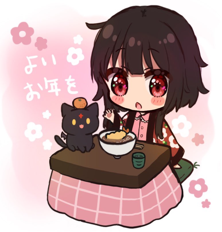 yuno (suke yuno), chomusuke, megumin, kono subarashii sekai ni shukufuku wo!, commentary request, translation request, 1girl, :o, alternate costume, black cat, black hair, blunt bangs, blush stickers, cat, chibi, chibi only, colored sclera, floral background, floral print, floral print kimono, food, fruit, hand up, japanese clothes, kimono, kotatsu, long sleeves, looking at animal, looking at viewer, mandarin orange, new year, no headwear, open clothes, open kimono, open mouth, pajamas, pink background, pink pajamas, print kimono, red eyes, red kimono, short hair with long locks, simple background, sitting, solo, table, tareme, upper body, wide sleeves, yellow sclera