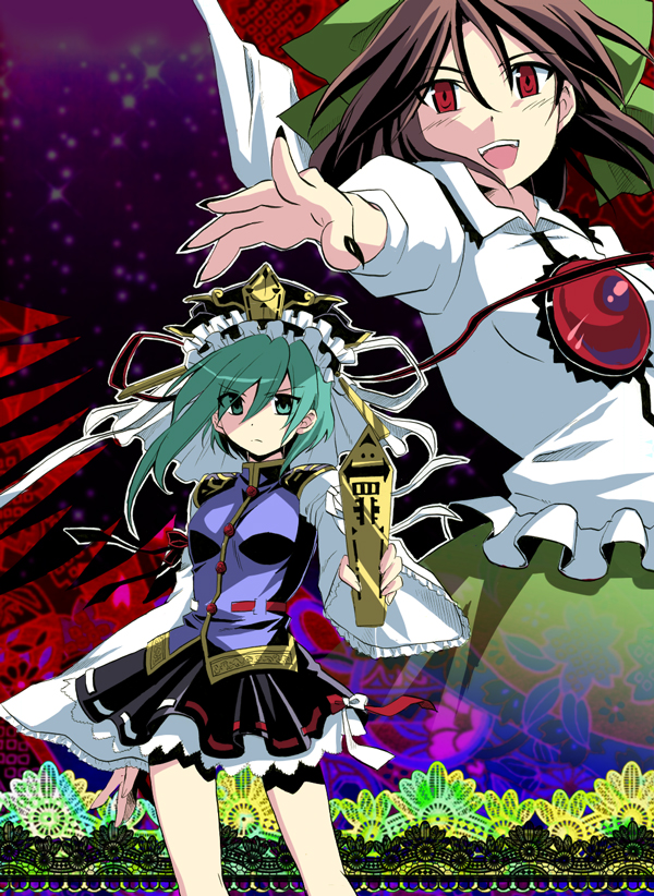 soukuu kizuna, reiuji utsuho, shiki eiki, touhou, 2girls, brown hair, female focus, green eyes, green hair, hair ribbon, hat, multiple girls, red eyes, ribbon, rod of remorse, wings