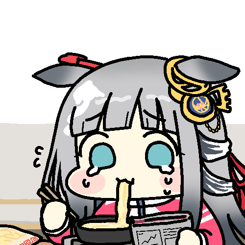jazz jack, chrono genesis (umamusume), umamusume, commentary, lowres, animal ears, aqua eyes, blush stickers, chibi, chibi only, chopsticks, crying, crying with eyes open, ears down, eating, grey hair, hair ribbon, holding, holding chopsticks, holding newspaper, horse ears, instant soba, jacket, jaggy lines, newspaper, pencil behind ear, red jacket, red ribbon, ribbon, tears, track jacket, wide face