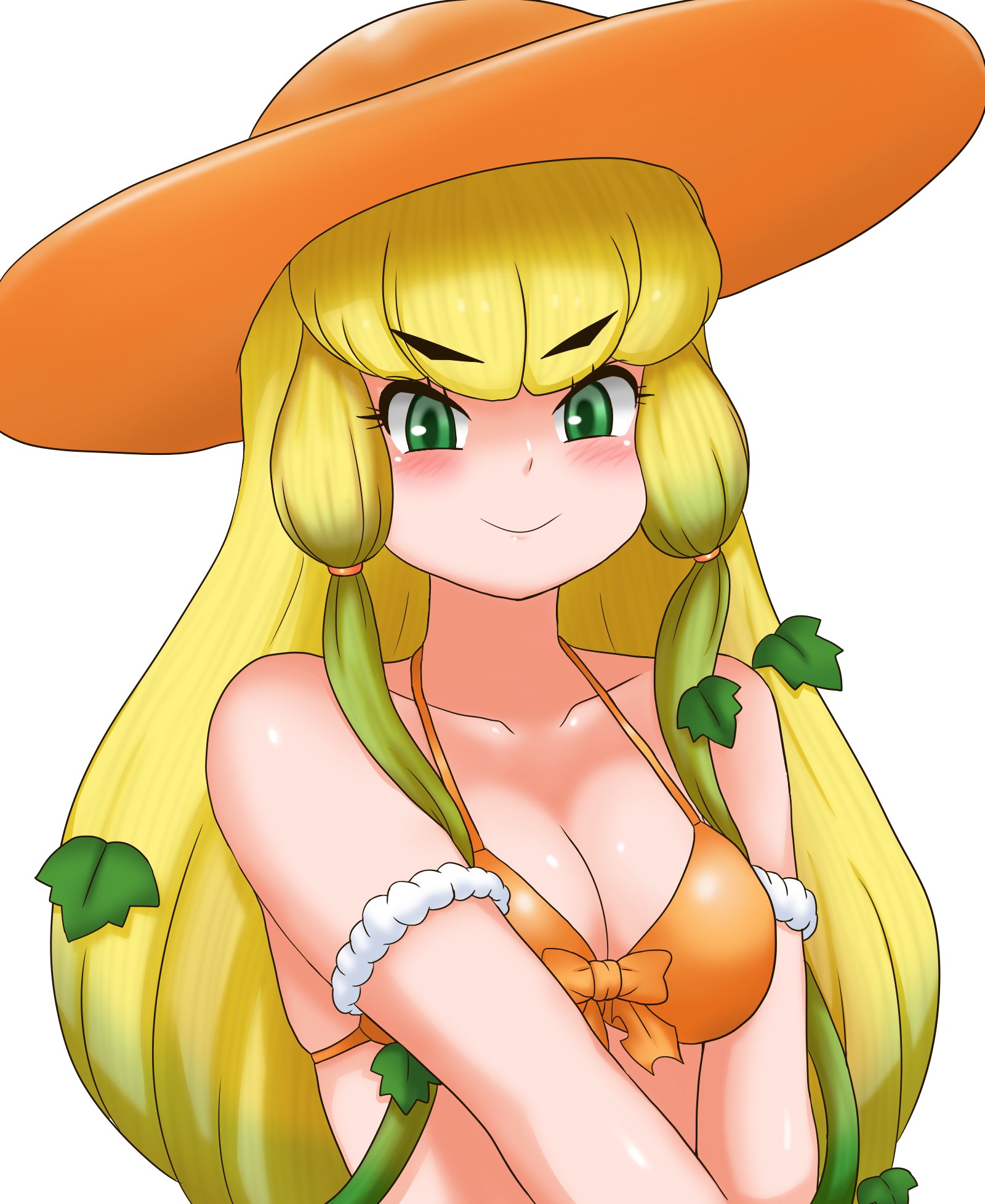 adansosutega, jack-o'-lantern (kemono friends), kemono friends, highres, 1girl, alternate costume, armband, bare shoulders, bikini, blonde hair, blush, collarbone, gradient hair, green eyes, green hair, hair between eyes, long hair, looking at viewer, multicolored hair, orange bikini, plant hair, sidelocks, sleeveless, smile, solo, swimsuit, upper body
