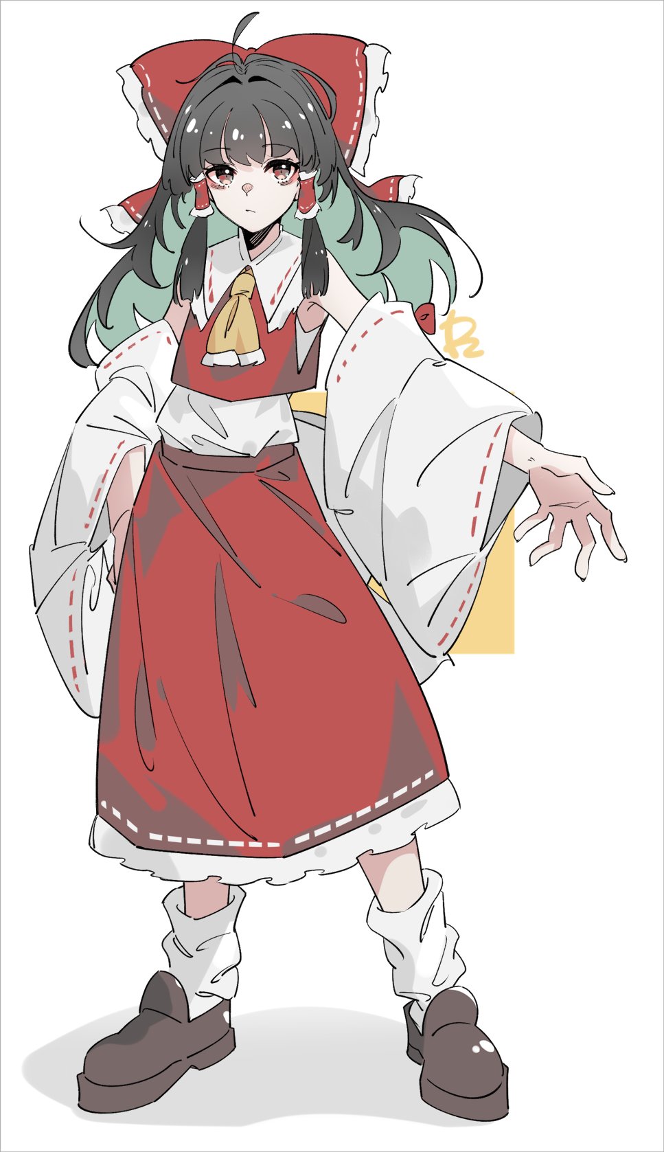 o (crazyoton46), hakurei reimu, touhou, highres, 1girl, black hair, brown eyes, brown shoes, closed mouth, colored inner hair, detached sleeves, full body, green hair, hair ribbon, long skirt, multicolored hair, outstretched arm, red ribbon, red shirt, red skirt, ribbon, shirt, shoes, skirt, sleeveless, sleeveless shirt, socks, solo, standing, undershirt, white sleeves, white socks, wide sleeves