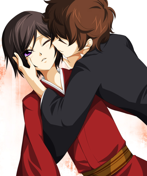 jyuru, kururugi suzaku, lelouch vi britannia, code geass, traditional clothes, 00s, 2boys, aged down, black hair, brown hair, child, japanese clothes, male focus, multiple boys, purple eyes