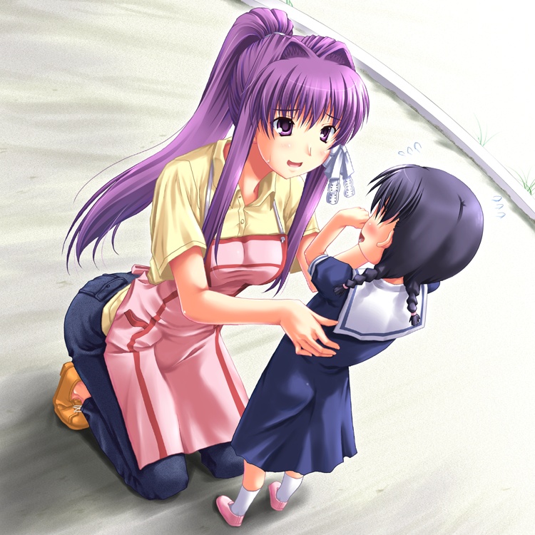 miyai sen, fujibayashi kyou, clannad, 00s, 2girls, aged up, apron, black hair, braid, child, comforting, crying, denim, dutch angle, jeans, kindergarten, kindergarten teacher, kneeling, long hair, multiple girls, nervous, open mouth, pants, ponytail, purple eyes, purple hair, sailor collar, school dress, school uniform, short hair, smile, sweatdrop, tears, twin braids, wiping tears