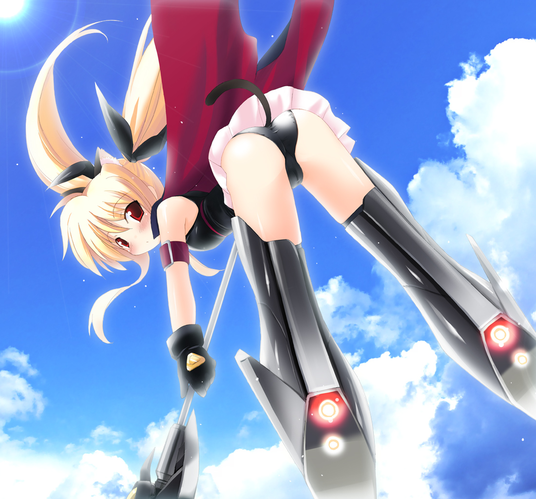 sdwing, bardiche (axe form) (nanoha), bardiche (nanoha), fate testarossa, lyrical nanoha, mahou shoujo lyrical nanoha, mahou shoujo lyrical nanoha a's, strike witches, world witches series, 00s, 1girl, animal ears, arm strap, armor, bare shoulders, belt bra, bent over, black gloves, black panties, blonde hair, blush, breasts, buckle, cameltoe, cape, cat ears, cat tail, cloud, day, dutch angle, female focus, floating hair, flying, from behind, full body, gloves, greaves, hair between eyes, halberd, holding, holding weapon, kemonomimi mode, legs apart, lens flare, leotard, long hair, looking at viewer, looking back, magical girl, miniskirt, outdoors, panties, pleated skirt, polearm, red eyes, ribbon, sidelocks, skirt, sky, small breasts, solo, striker unit, sun, tail, thighhighs, thrusters, twintails, underwear, upskirt, very long hair, weapon