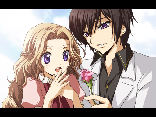 jyuru, lelouch vi britannia, nunnally vi britannia, code geass, 00s, black hair, blush, braid, brother and sister, brown hair, flower, long hair, purple eyes, rose, siblings