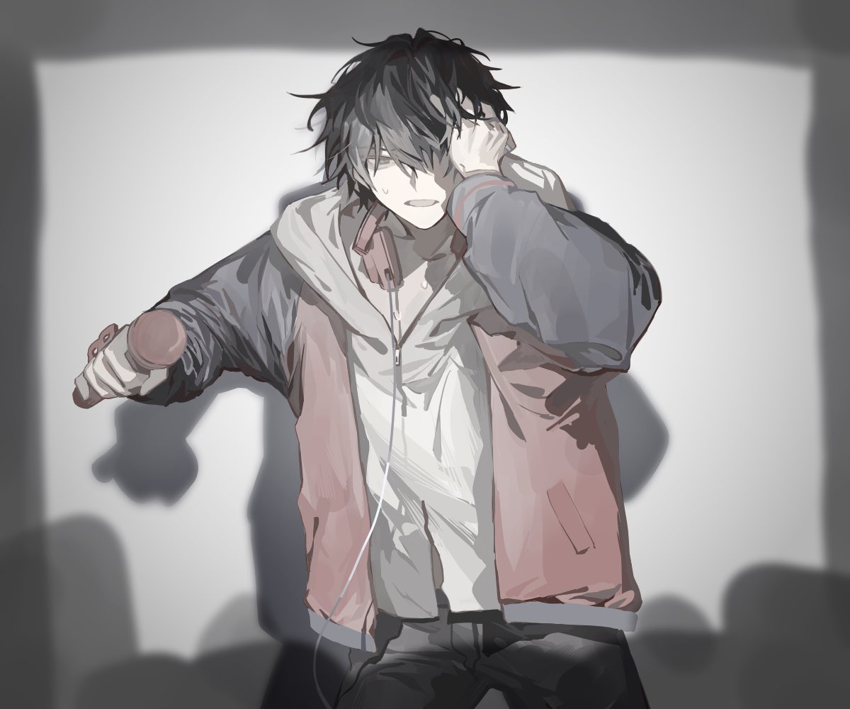 shuiyiyaogong, yamada ichiro, hypnosis mic, 1boy, black hair, black pants, blue jacket, cowboy shot, hair over one eye, hand in own hair, hand on own head, headphones, headphones around neck, holding, holding microphone, hood, hood down, hoodie, jacket, long sleeves, looking at viewer, male focus, microphone, multicolored jacket, open clothes, open jacket, pants, parted lips, red eyes, red jacket, shadow, shirt, short hair, solo, sweat, sweatdrop, teeth, white hoodie, zipper pull tab