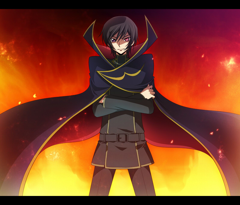 jyuru, lelouch vi britannia, zero (code geass), code geass, 00s, 1boy, black hair, cape, crossed arms, geass, grin, male focus, purple eyes, smile, solo