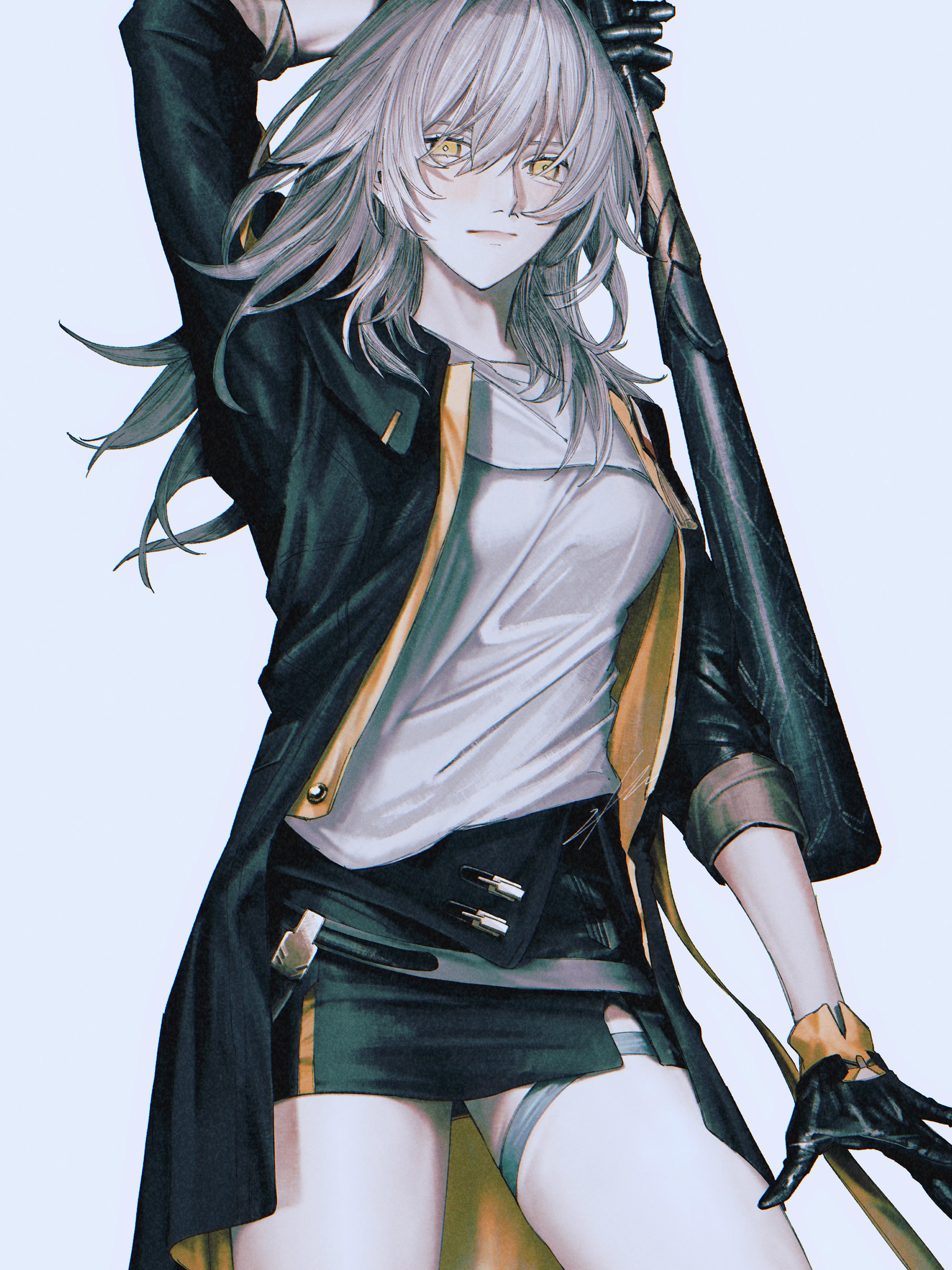 ieririr, stelle (honkai: star rail), trailblazer (honkai: star rail), honkai: star rail, honkai (series), absurdres, highres, 1girl, arm up, baseball bat, black gloves, black skirt, breasts, closed mouth, gloves, grey hair, hair between eyes, holding, holding baseball bat, long hair, looking at viewer, medium breasts, shirt, skirt, solo, thighs, white shirt, yellow eyes