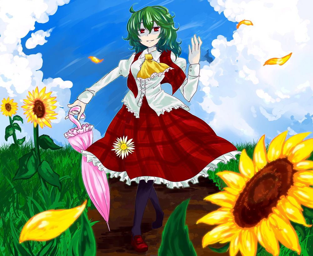 myama, kazami yuuka, touhou, bad id, bad pixiv id, 1girl, ascot, closed umbrella, cloud, day, female focus, flower, grass, green hair, nature, pantyhose, petals, plaid clothes, plaid skirt, plaid vest, red eyes, shaded face, short hair, skirt, skirt set, sky, smile, solo, sunflower, umbrella, vest