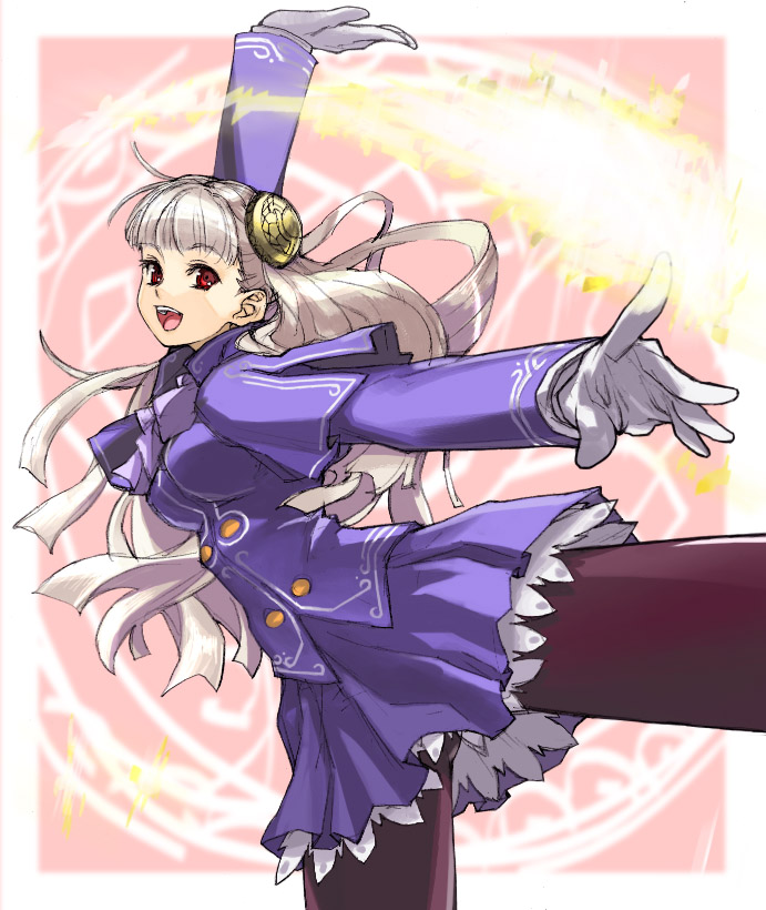 tetsu (kimuchi), ingrid (capcom), capcom, capcom fighting jam, 1girl, blonde hair, bun cover, double bun, dress, female focus, gloves, hair bun, hairpods, long hair, pantyhose, red eyes, ribbon, skirt, solo, white hair