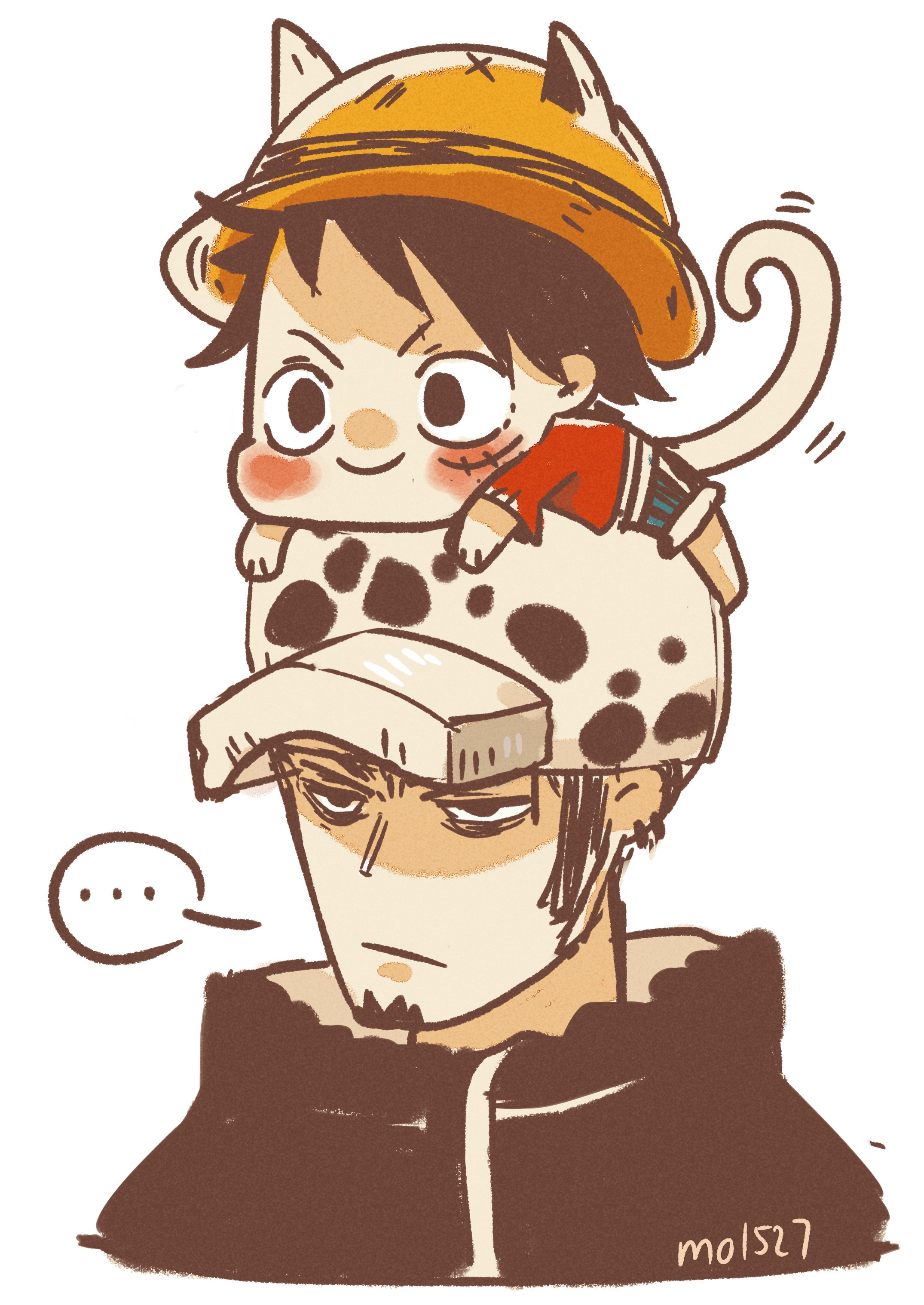 mo15271, monkey d. luffy, trafalgar law, one piece, absurdres, commentary, english commentary, highres, 2boys, black coat, black hair, cat boy, coat, facial hair, goatee, hat, multiple boys, on head, red shirt, scar, scar on face, shirt, sideburns, simple background, smile, straw hat, tail, white background