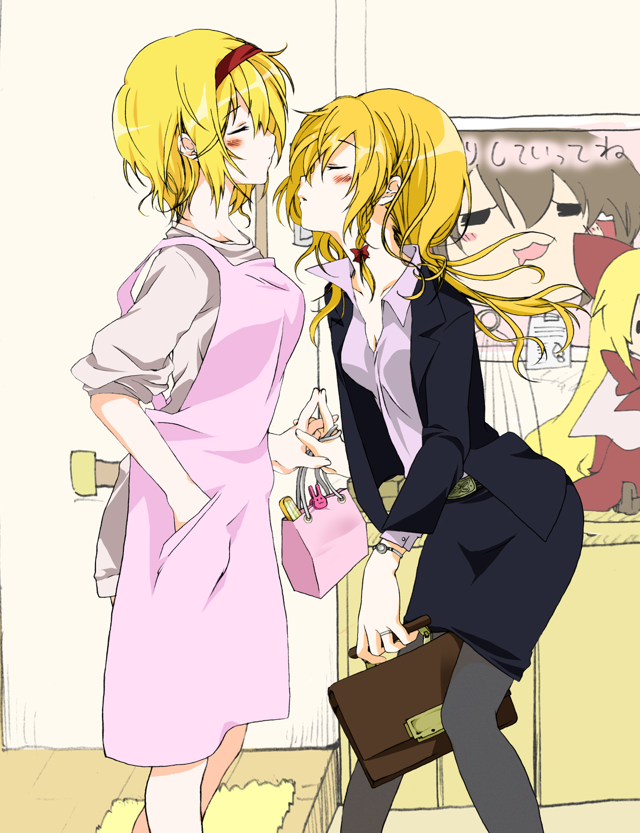 riku yama, rikuyama, alice margatroid, kirisame marisa, shanghai doll, touhou, bad id, bad pixiv id, highres, 2girls, alternate costume, apron, blonde hair, blush, briefcase, business suit, casual, closed eyes, contemporary, female focus, formal clothes, hairband, holding hands, jacket, jewelry, multiple girls, pantyhose, pencil skirt, ring, short hair, skirt, skirt suit, sleeves pushed up, suit, yukkuri shiteitte ne, yuri