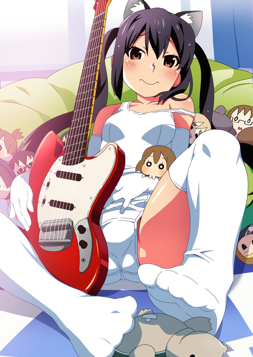 gesugesu ahoaho, hirasawa yui, kotobuki tsumugi, manabe nodoka, nakano azusa, suzuki jun, tainaka ritsu, yamanaka sawako, k-on!, character request, check character, commentary request, highres, 1girl, animal ear fluff, animal ears, bare shoulders, bean bag chair, black hair, blush, breasts, brown eyes, cat ears, character doll, curtains, doll, elbow gloves, electric guitar, feet, fender mustang, gloves, guitar, hand on own stomach, holding, holding guitar, holding instrument, instrument, long hair, looking at viewer, one-piece swimsuit, raised inner eyebrows, reclining, school swimsuit, single off shoulder, small breasts, socks, swimsuit, thighhighs, twintails, white gloves, white one-piece swimsuit, white socks, window