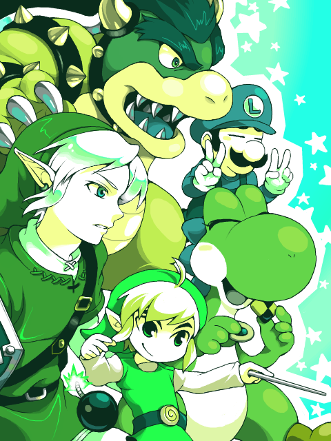 bowser, koopa, link, luigi, toon link, yoshi, mario (series), nintendo, super smash bros., the legend of zelda, baton, 3boys, bomb, checkerboard cookie, claws, color connection, conductor baton, cookie, earrings, explosive, facial hair, food, gloves, green theme, hat, jewelry, male focus, monochrome, multiple boys, mustache, pointy ears, shield, smile, v