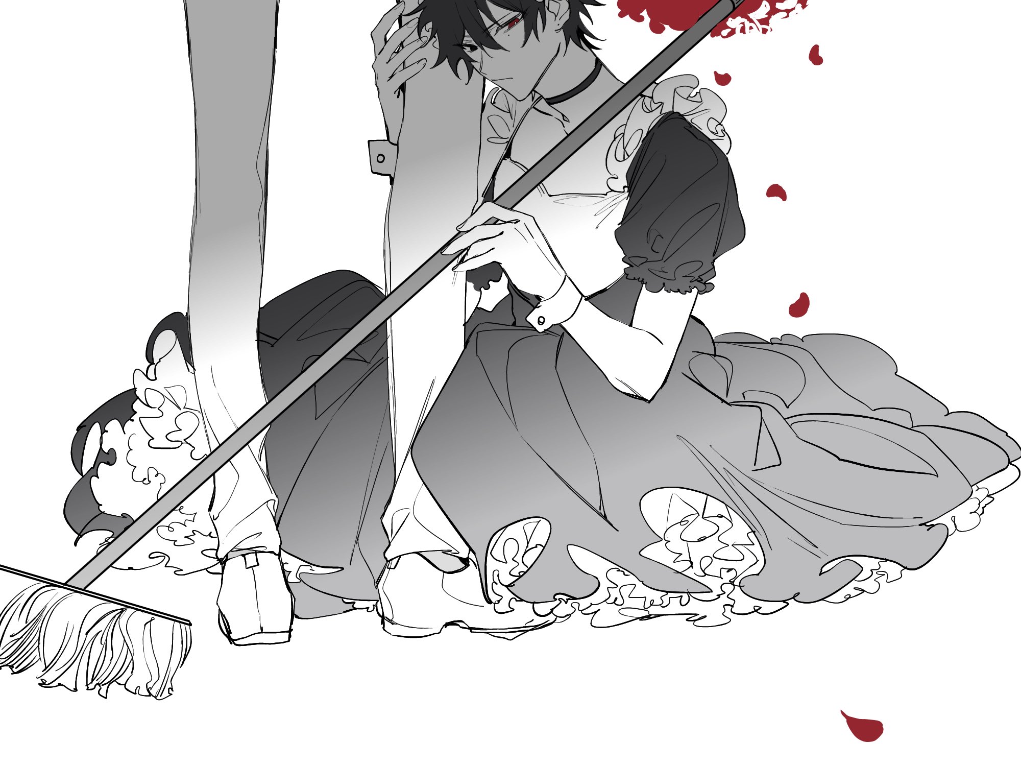 shuiyiyaogong, aohitsugi samatoki, yamada ichiro, hypnosis mic, highres, 2boys, alternate costume, apron, blood, choker, closed mouth, crossdressing, crossdressing (mtf), dress, enmaided, falling petals, flower, frilled dress, frills, greyscale, hand on another's leg, high heels, holding, holding mop, maid, maid apron, maid headdress, male focus, mole, mole under eye, monochrome, mop, multiple boys, out of frame, pants, petals, puffy short sleeves, puffy sleeves, red eyes, red flower, red petals, shoes, short hair, short sleeves, simple background, sitting, solo focus, spot color, standing, white background, wrist cuffs, yaoi
