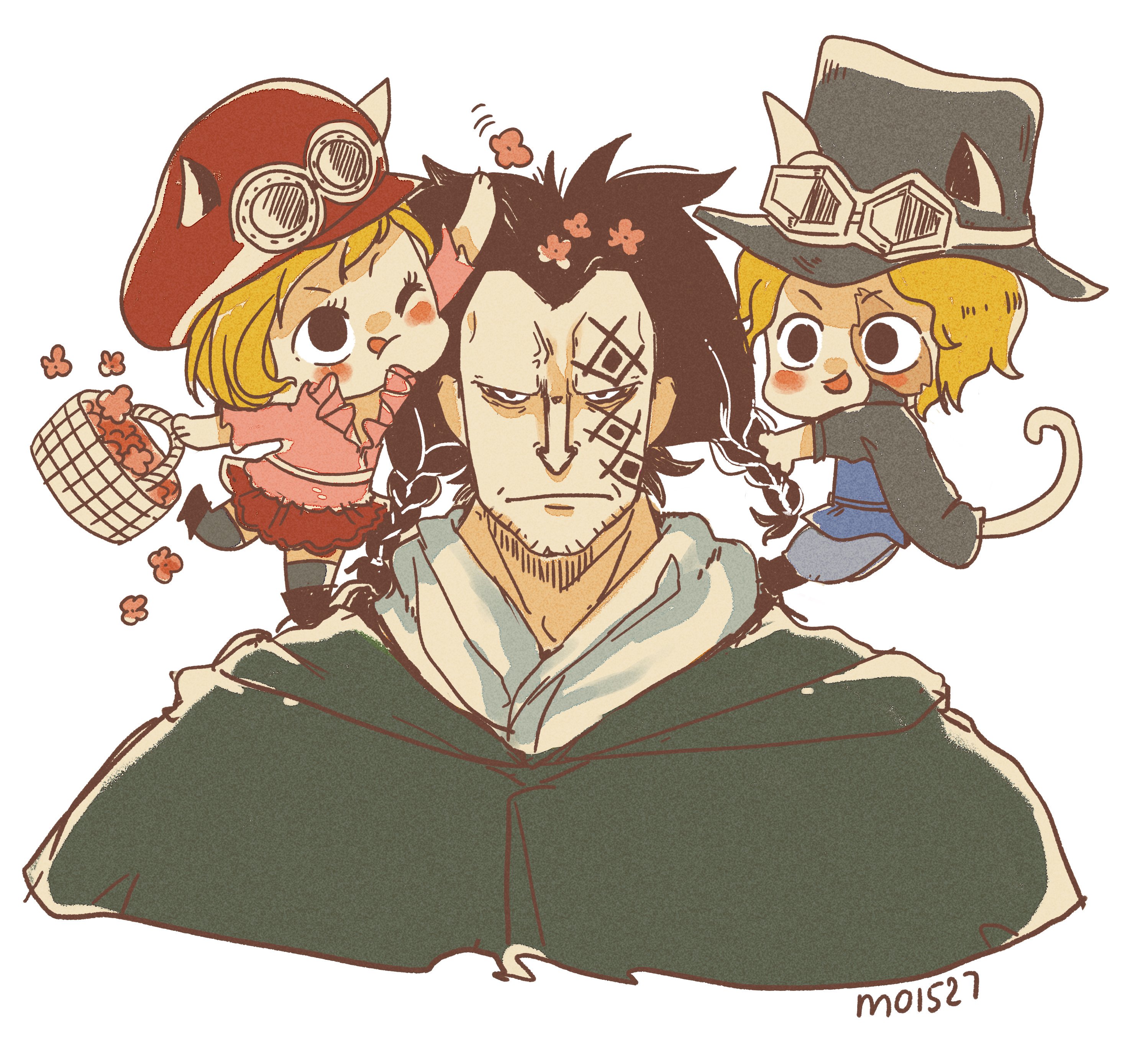 mo15271, koala (one piece), monkey d. dragon, sabo (one piece), one piece, absurdres, commentary, english commentary, highres, 1girl, 2boys, ascot, beard stubble, blonde hair, braid, cat boy, cat girl, closed mouth, eyelashes, facial hair, facial tattoo, flower, frilled shirt, frills, goggles, goggles on headwear, hair flower, hair ornament, hat, multiple boys, one eye closed, pink shirt, scar, scar on face, shirt, smile, stubble, tattoo, twin braids