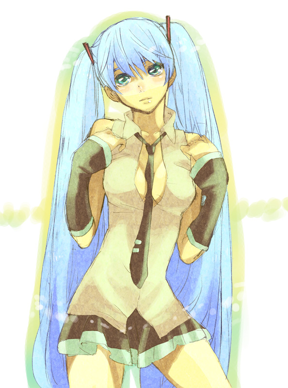 tibino, hatsune miku, vocaloid, bad id, bad pixiv id, aqua eyes, aqua hair, blush, detached sleeves, long hair, necktie, open clothes, open shirt, shirt, skirt, solo, twintails, very long hair
