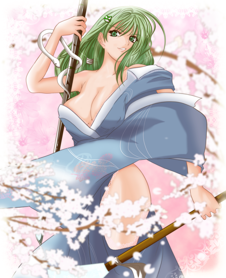 kanata, shirokuro ai tama, kochiya sanae, touhou, bad id, bad pixiv id, 1girl, breasts, cleavage, female focus, japanese clothes, large breasts, solo