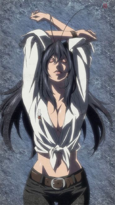 hamutz meseta, tatakau shisho, belt, breasts, cleavage, large breasts, lips, looking at viewer, pants, shirt, smile, tied shirt