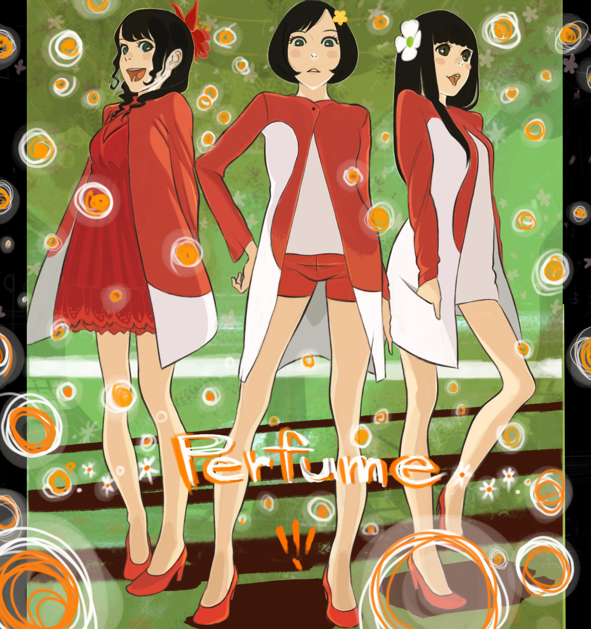 arai youjirou, a~chan, kashiyuka, nocchi (perfume), perfume (band), bad id, bad pixiv id, highres, 3girls, black hair, bob cut, dress, flower, from below, high heels, jacket, long hair, looking down, multiple girls, shoes, short hair, short shorts, shorts, skirt, smile