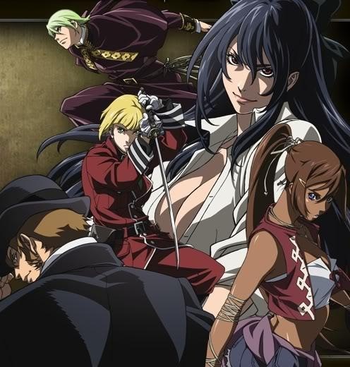hamutz meseta, tatakau shisho, official art, 2girls, 3boys, belt, breasts, cleavage, large breasts, looking at viewer, multiple boys, multiple girls, pants, smile