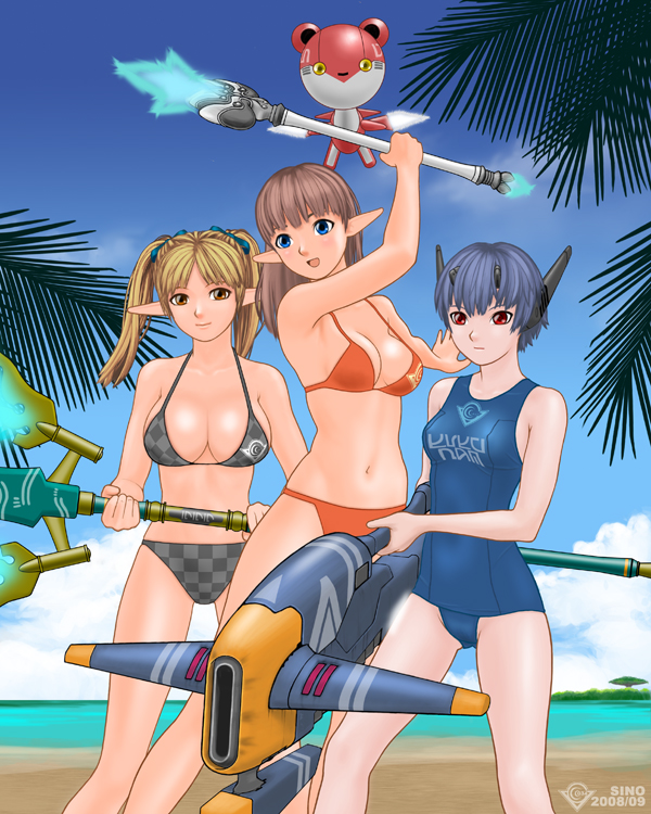 sino, sino (mechanized gallery), coni, phantasy star, phantasy star universe, sega, 00s, 2008, 3girls, :d, arm up, bare legs, beach, bikini, blonde hair, blue eyes, blue hair, blue sky, brown eyes, brown hair, cloud, day, energy weapon, expressionless, fighting stance, flying, gun, horizon, huge weapon, light smile, long hair, multiple girls, navel, one-piece swimsuit, open mouth, orange bikini, outdoors, palm tree, pointy ears, red eyes, robot, robot ears, school swimsuit, short hair, sky, smile, staff, standing, swimsuit, tree, twintails, wand, weapon