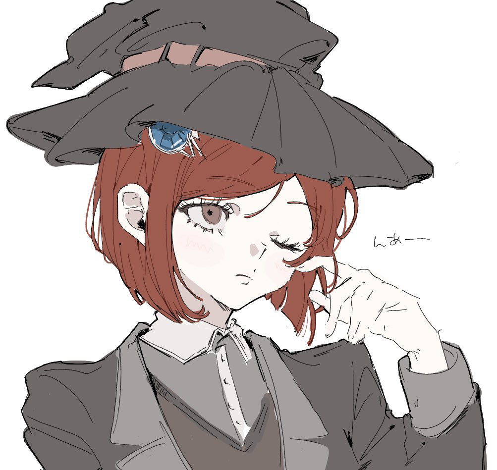 seailand, yumeno himiko, danganronpa (series), danganronpa v3: killing harmony, commentary request, 1girl, belt, black hat, black jacket, blue gemstone, blunt ends, bob cut, brown eyes, brown vest, buttons, closed mouth, collared jacket, collared shirt, expressionless, eyelashes, fingernails, gem, gem hair ornament, grey shirt, hair between eyes, hair ornament, hairclip, hat, hat belt, jacket, lapels, light blush, light frown, lips, long sleeves, looking ahead, notched lapels, one eye closed, open clothes, open jacket, red belt, red hair, rubbing eyes, shirt, short hair, simple background, sleeve cuffs, solo, upper body, v-neck, vest, white background, witch hat