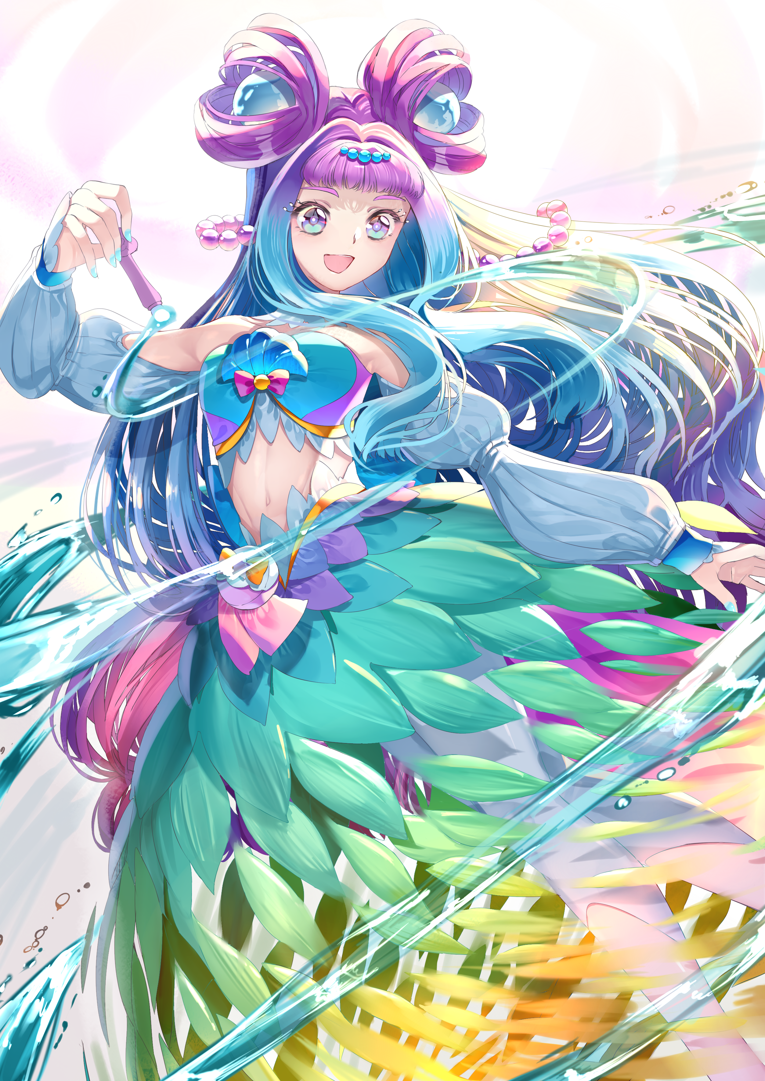 yuutarou (fukiiincho), cure la mer, laura la mer, precure, tropical-rouge! precure, absurdres, highres, 1girl, aqua eyes, aqua hair, aqua nails, breasts, gradient eyes, gradient hair, jewelry, layered skirt, long hair, long sleeves, magical girl, medium breasts, multicolored eyes, multicolored hair, navel, open mouth, pantyhose, pearl hair ornament, pink eyes, pink hair, skirt, smile, solo, stomach, very long hair, water, white pantyhose, white sleeves