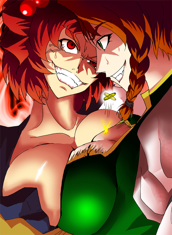 warugaki (sk-ii), hong meiling, onozuka komachi, touhou, 2girls, angry, braid, breast press, breasts, buttons, crazy eyes, eye contact, face-to-face, female focus, grin, large breasts, looking at another, multiple girls, popped button, smile, symmetrical docking
