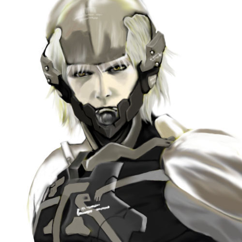 raiden (metal gear), metal gear (series), metal gear solid 4: guns of the patriots, lowres, 1boy, cyborg, helmet, male focus, solo, white hair, yellow eyes