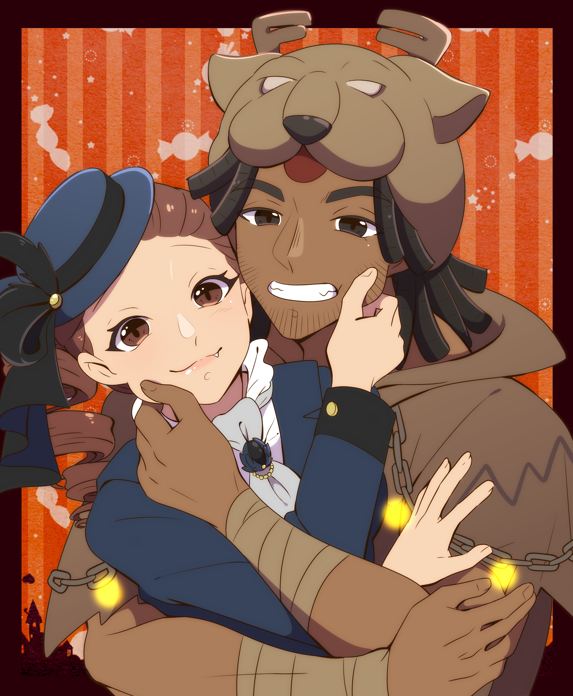 martha behamfil, william ellis, identity v, absurdres, highres, 1boy, 1girl, animal hood, antlers, beard stubble, black hair, blue hat, bow, bowtie, brown eyes, brown hair, chain, cheek pinching, dark-skinned male, dark skin, drill hair, facial hair, grey bow, grey bowtie, grin, hat, hat ribbon, hetero, hood, horns, long sleeves, monkeywrench, mutual cheek pinching, orange background, pinching, reindeer antlers, ribbon, smile, striped background, stubble, upper body