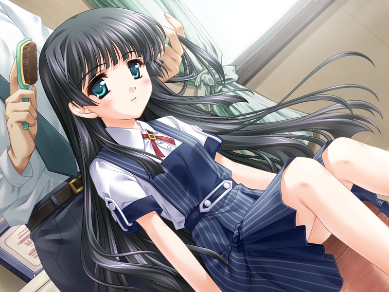 reconquista, game cg, non-web source, 1girl, black hair, dutch angle, green eyes, hair brush, long hair, overalls, school uniform, solo focus