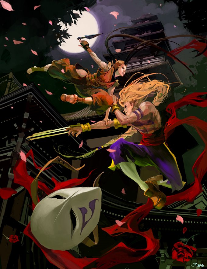 jenzee, balrog, ibuki, m bison, street fighter, street fighter iii: 3rd strike, battle, blonde hair, kunai, mask, ninja, tattoo, weapon