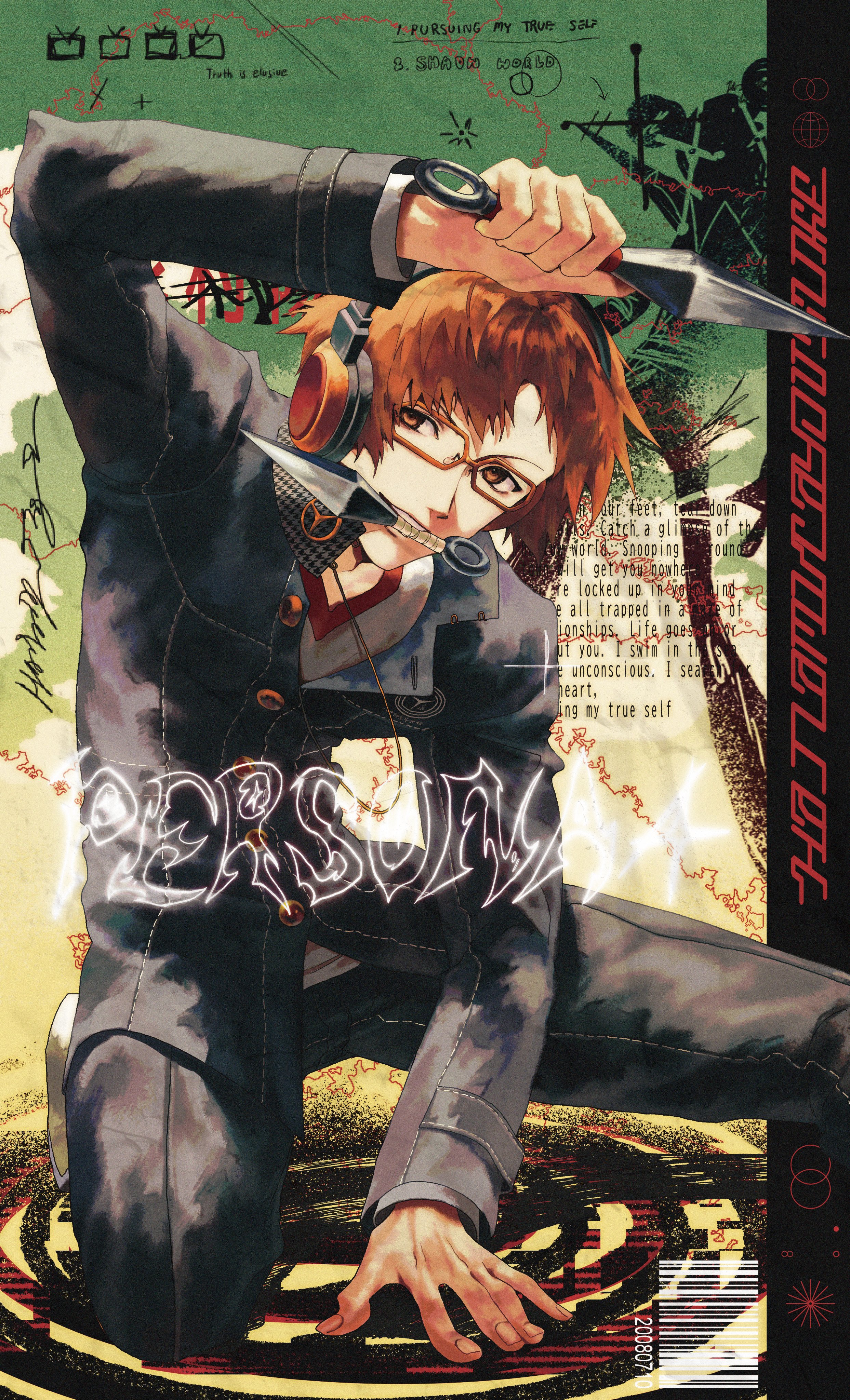 hanamura yousuke, persona, persona 4, absurdres, commentary, hashtag-only commentary, highres, 1boy, barcode, black jacket, black pants, copyright name, dattsunosuke, english text, foot out of frame, glasses, gradient background, hand on ground, headphones, holding, holding kunai, holding weapon, jacket, kneeling, kunai, long sleeves, looking to the side, lyrics, male focus, orange-framed eyewear, orange eyes, orange hair, pants, rectangular eyewear, school uniform, short hair, solo, song name, weapon, weapon in mouth, yasogami school uniform
