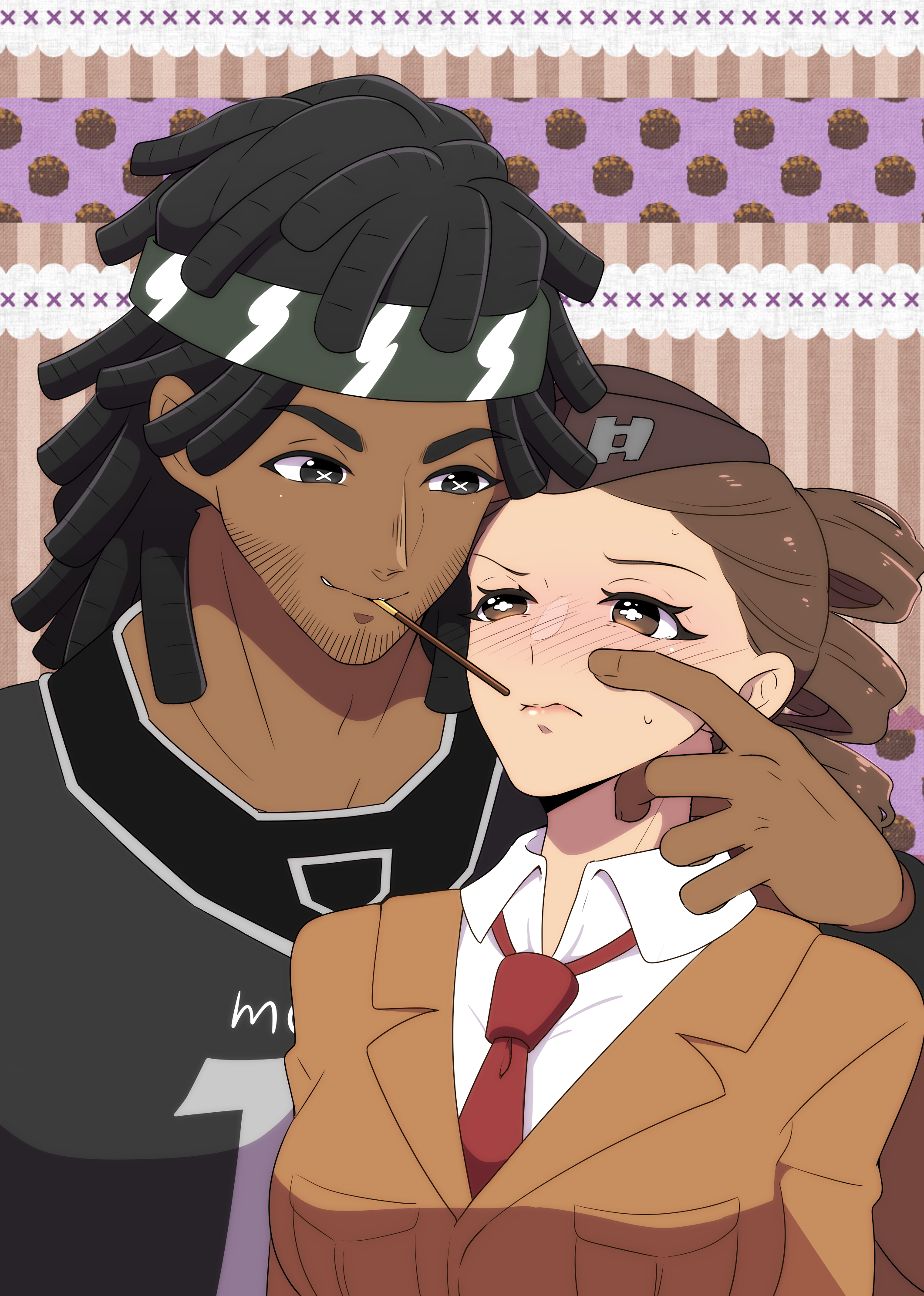 martha behamfil, william ellis, identity v, absurdres, highres, + +, 1boy, 1girl, black hair, blush, brown hair, brown hat, dark-skinned male, dark skin, drill hair, food, food in mouth, hat, headband, hetero, monkeywrench, mouth hold, necktie, pocky, pocky in mouth, red necktie, sweat, upper body