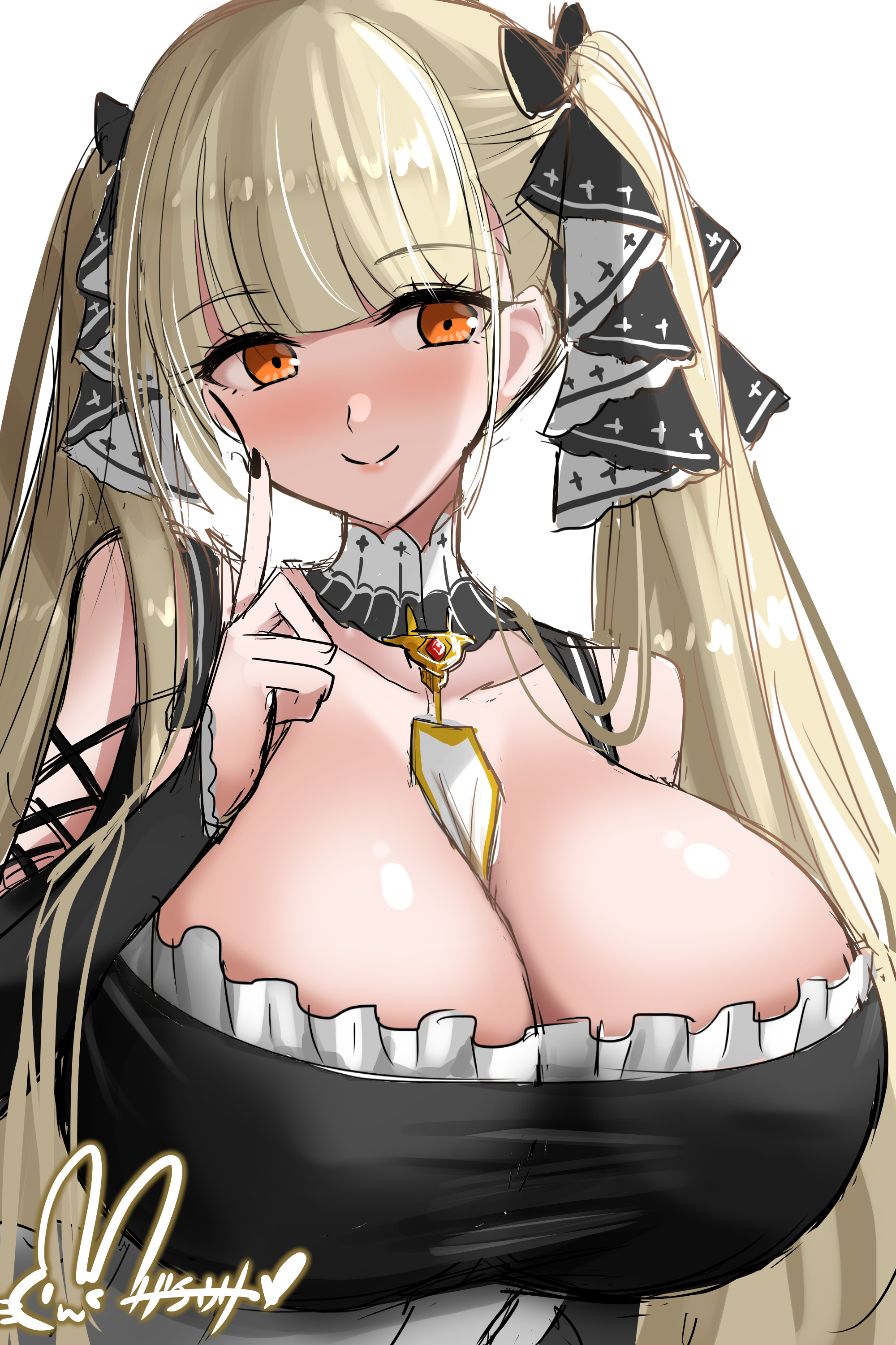 hisin, formidable (azur lane), azur lane, absurdres, commentary request, highres, 1girl, artist logo, bare shoulders, between breasts, black nails, blonde hair, breasts, cleavage, clothing cutout, detached collar, dress, frilled dress, frills, gem, huge breasts, logo, long hair, nail polish, necktie, necktie between breasts, orange eyes, red gemstone, ribbon, shoulder cutout, simple background, smile, solo, two-tone ribbon, upper body, white background